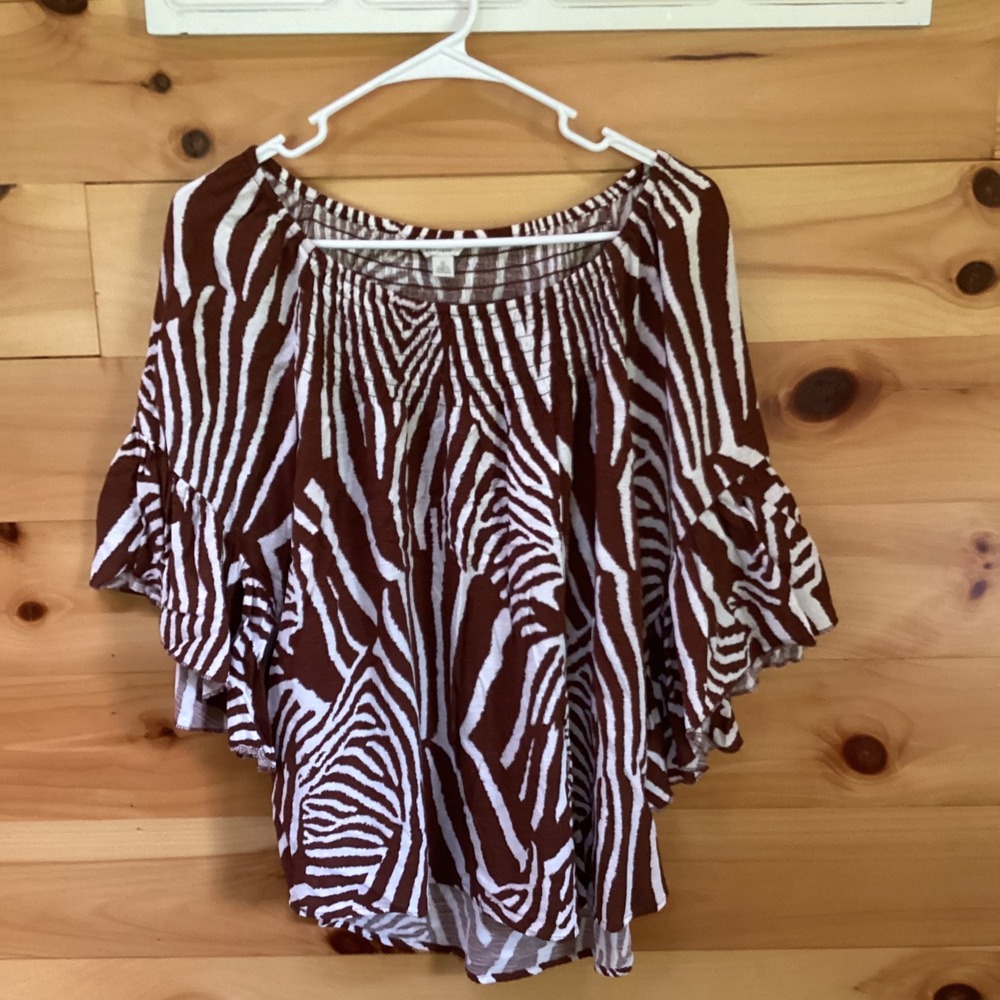 EST. 1946 Women Brown Zebra Animal Print Smocked Ruffle Bell Sleeve Blouse Small